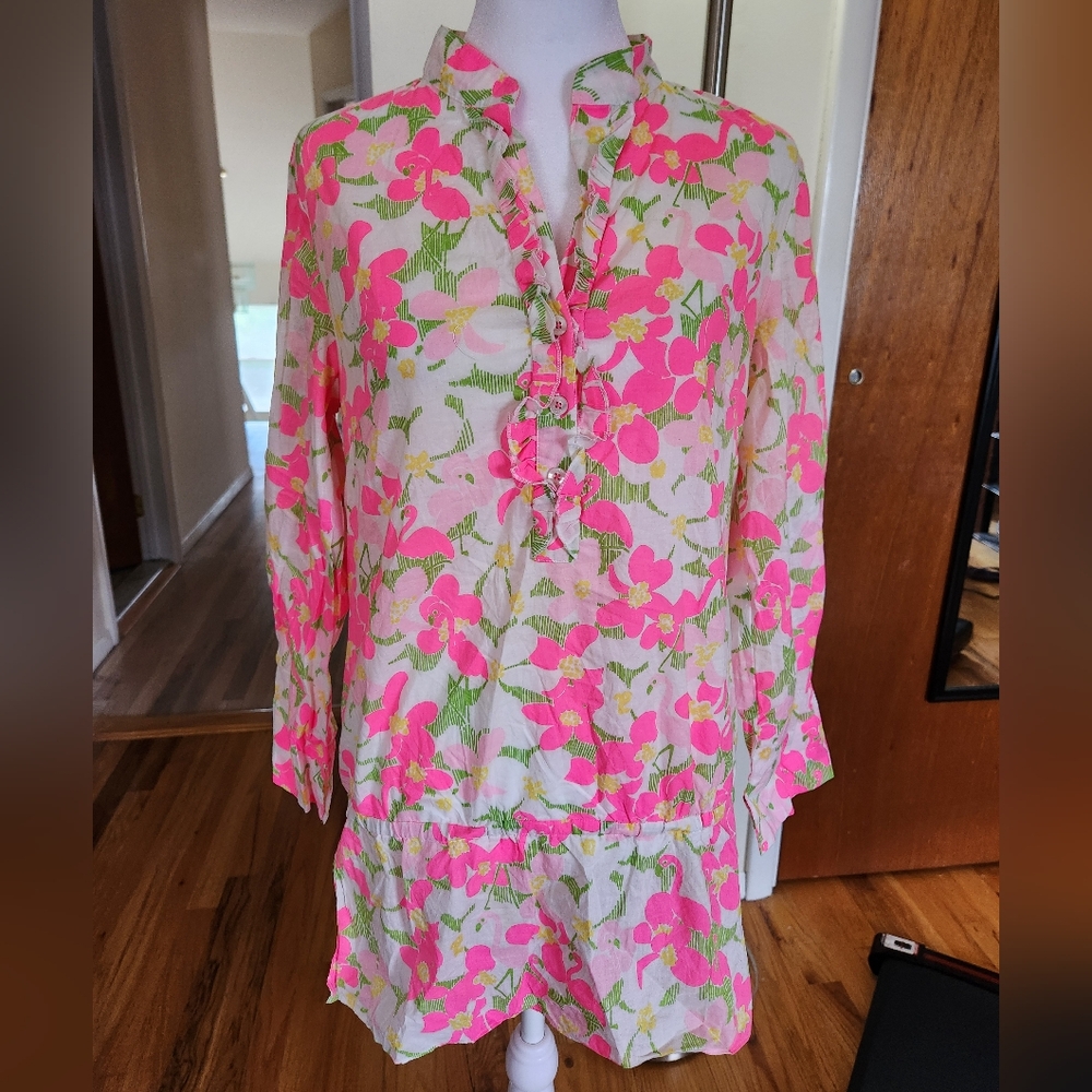 Lilly Pulitzer Floral Flamingo Roll Tab Sleeve Tunic Size 2 - Picture 4 of 10